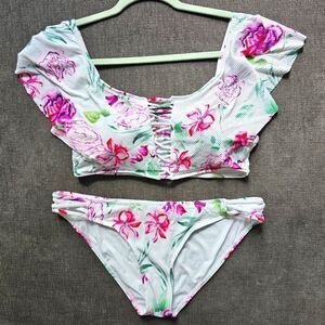 TiniBikini White & Pink Tropical Ruffle Off-Shoulder Ribbed Bikini Top & Bottoms